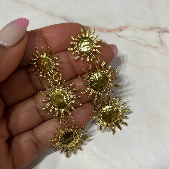 Zara. Gold Triple Sun Earrings - Picture 12 of 14